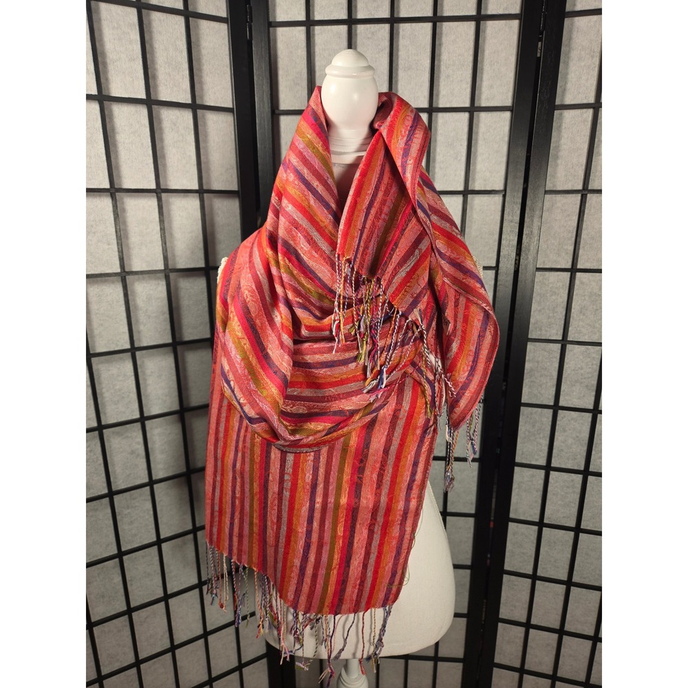 Pashmina‎ Silk Blend Striped Shawl Scarf Red Orange Pink Purple Fringe Wrap